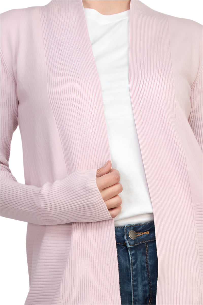 Joan Vass NY Open Front long Sleeve SharkBite Rib Detail Cardigan